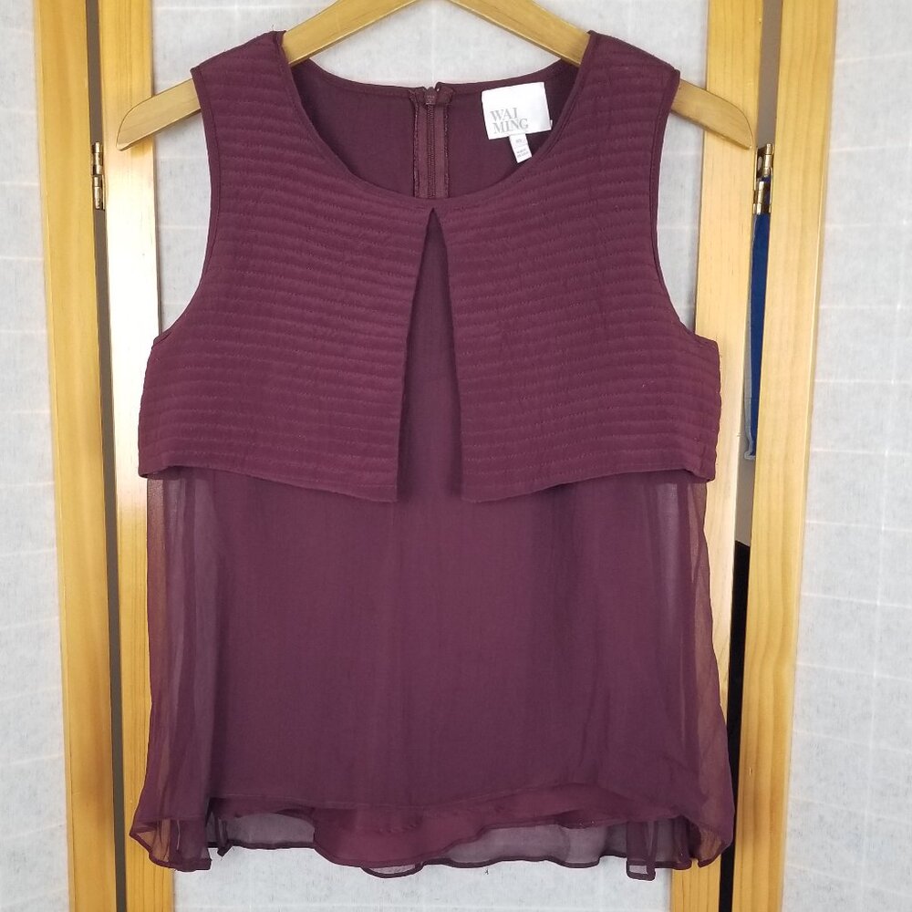 100% Silk Bloyse Top Size XS Claret Burgundy Sheer Wai Ming